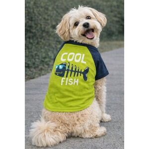 Cool Fish Skeleton Graphic Dog Large T-Shirt Lime Green Navy Raglan Pet Tee